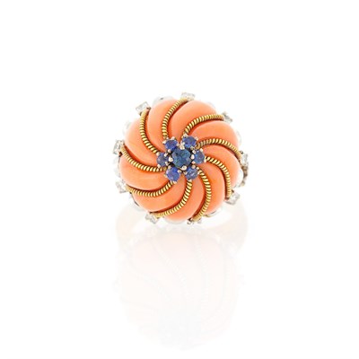Lot 1060 - Two-Color Gold, Fluted Coral, Diamond and Sapphire Ring