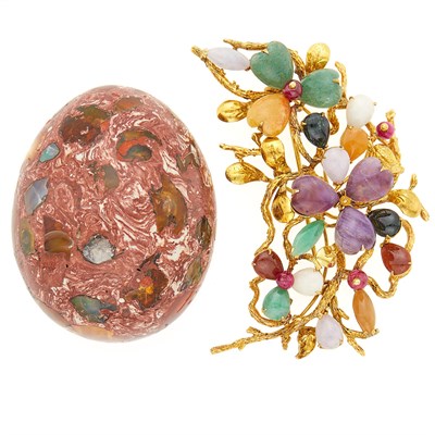 Lot 1069 - Gold, Hardstone, Gem-Set and Multicolored Jade Brooch and Opal and Clay Egg Objet
