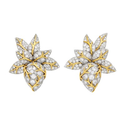 Lot 130 - Pair of Platinum, Gold and Diamond Flower Earclips