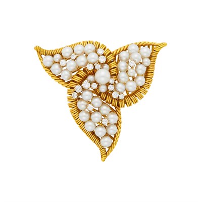 Lot 1021 - Gold, Cultured Pearl and Diamond Brooch