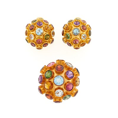 Lot 1073 - Gold and Gem-Set Dome Sputnik Ring and Pair of Earclips