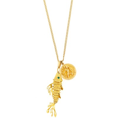 Lot 1056 - Long Gold Chain Necklace with Fish and Saint Christopher Pendant