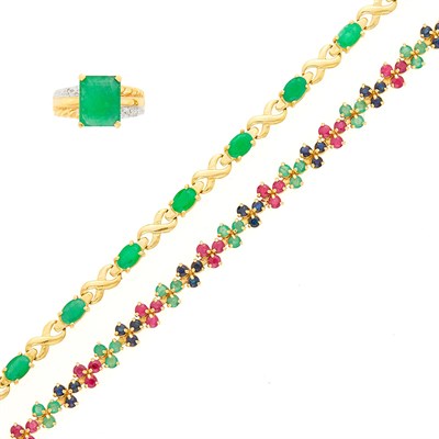 Lot 1044 - Two Gold and Gem-Set Bracelet and Emerald and Diamond Ring