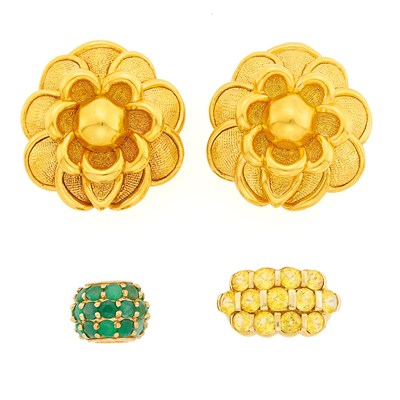 Lot 1045 - Chimento Pair of Gold Flower Earclips, Low Karat Gold and Emerald Slide Charm and Gold and Yellow Sapphire Ring