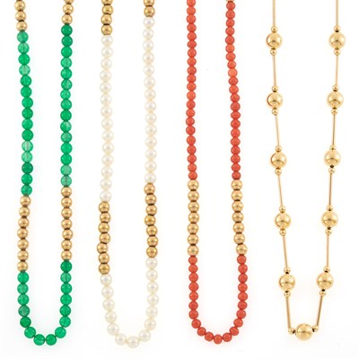 Lot 1039 - Four Gold, Cultured Pearl, Green Onyx, Coral and Gold Bead Necklaces
