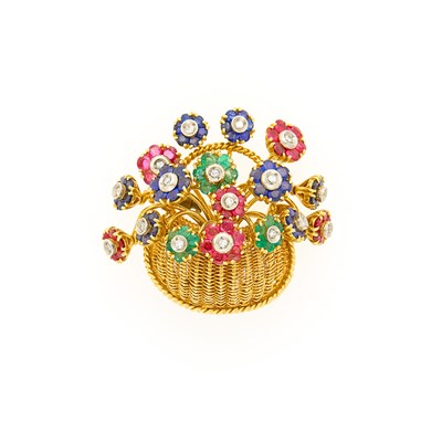 Lot 1033 - Tiffany & Co. Gold, Diamond and Gem-Set 'En Tremblant' Flower Basket Brooch