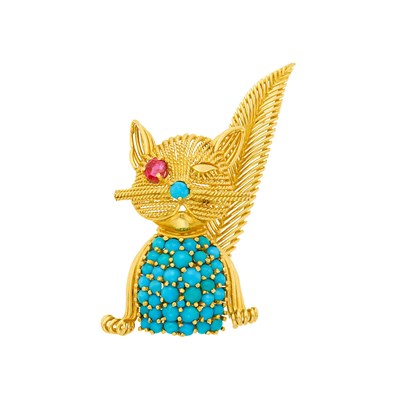 Lot 1005 - Tiffany & Co. Gold, Ruby and Turquoise Winking Cat Brooch