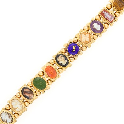 Lot 1092 - Gold, Hardstone and Colored Stone Cameo Slide Charm Bracelet