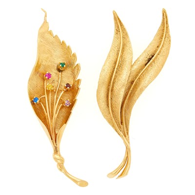 Lot 1067 - Two Gold and Simulated Gem-Set Leaf Brooches