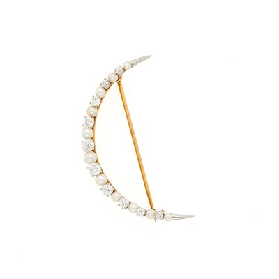 Lot 1195 - Gold, Platinum, Natural Pearl and Diamond Crescent Pin-Brooch