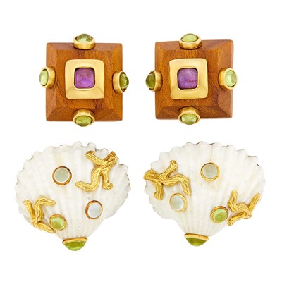 Lot 1018 - Maz Pair of Gold, Shell and Cabochon Colored Stone Earclips and L'Oree du Bois Pair of Gold, Wood and Cabochon Colored Stone Earclips