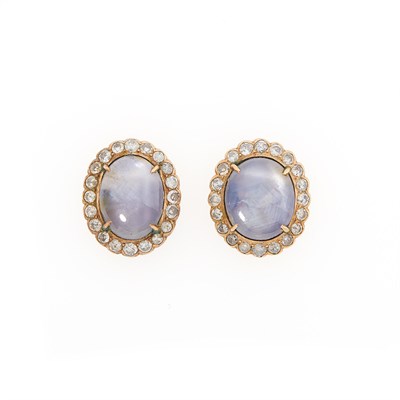 Lot 1075 - Pair of Rose Gold, Star Sapphire and Diamond Earrings