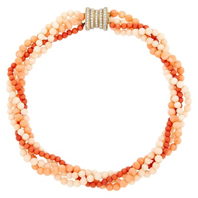 Lot 1026 - Four Strand Coral Bead Torsade Necklace with Gold and Diamond Clasp