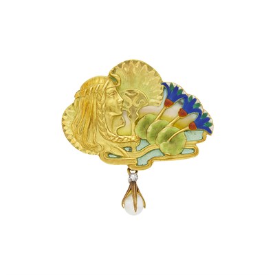 Lot 44 - Eugene Feuillâtre Art Nouveau Gold, Enamel, Pearl and Diamond Pendant-Brooch, France