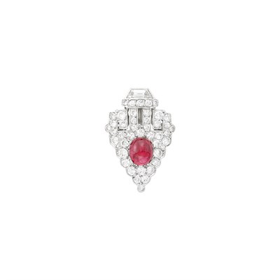 Lot 108 - Platinum, White Gold, Cabochon Ruby and Diamond Ring