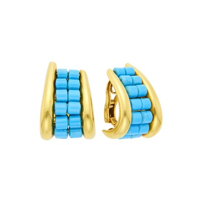 Lot 85 - Sabbadini Pair of Gold and Turquoise Bead Half-Hoop Earclips