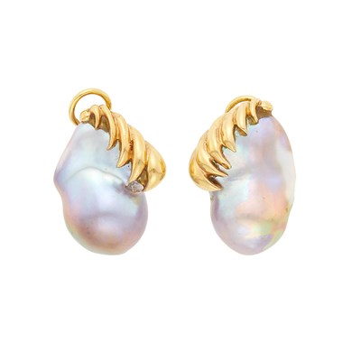 Lot 1015 - Pair of Gold and Gray Baroque Cultured Pearl Earclips