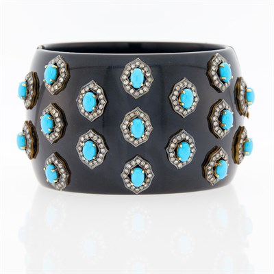 Lot 1048 - Wide Black Onyx, Reconstituted Turquoise and Colored Diamond Cuff Bracelet