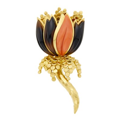 Lot 96 - Gold, Carved Tortoise Shell and Coral Flower Brooch, France