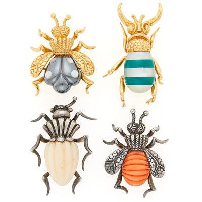 Lot 1059 - Four Gold, Silver and Hardstone Insect Brooches