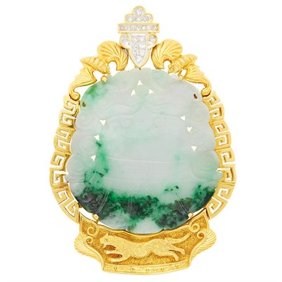 Lot 2112 - Two-Color Gold, Carved Jade and Diamond Pendant-Brooch