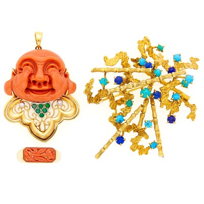 Lot 1025 - Gold, Carved Coral, Emerald and Diamond Pendant and Carved Coral Ring, and Turquoise and Lapis Brooch