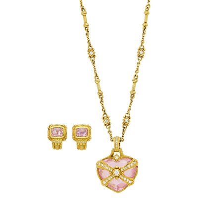 Lot 76 - Judith Ripka Gold, Pink Crystal and Diamond Pendant-Necklace and Pair of Earclips