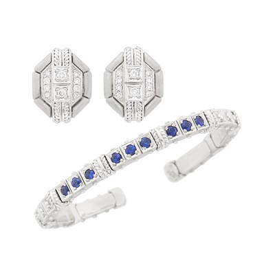 Lot 39 - White Gold and Sapphire Bangle Bracelet and Pair of Diamond Earclips
