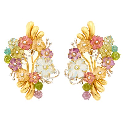 Lot 1009 - Pair of Two-Color Gold and Colored Stone Floral Earclips