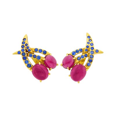 Lot 61 - Pair of Gold, Cabochon Pink Tourmaline and Sapphire Earclips