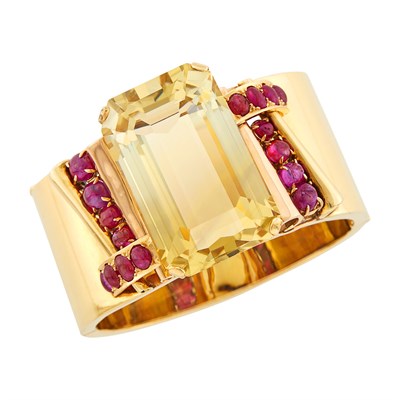 Lot 69 - Two-Color Gold, Citrine and Cabochon Ruby Cuff Bangle Bracelet