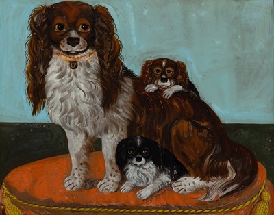 Lot 186 - Reverse Glass Painting of Three Dogs on a Cushion