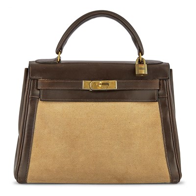 Lot 188 - Hermès Vintage Brown Leather and Canvas 'Kelly' Bag