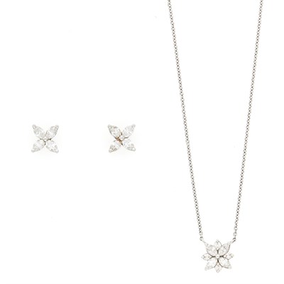 Lot 1114 - Tiffany & Co. Platinum and Diamond 'Victoria' Pendant-Necklace and Pair of Earrings
