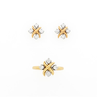 Lot 1003 - Tiffany & Co., Schlumberger Pair of Platinum, Gold and Diamond Earrings and Ring