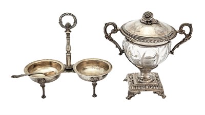 Lot 193 - French Silver and Glass Covered Sugar Bowl and a French Silver Gilt Double Salt Cellar