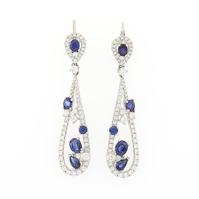 Lot 1166 - Pair of White Gold, Sapphire and Diamond Pendant-Earrings