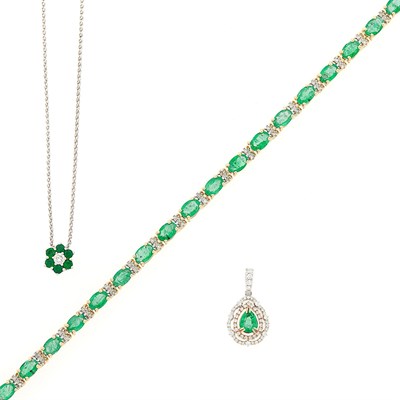 Lot 1162 - Two-Color Gold, Emerald and Diamond Pendant with Chain Necklace, Pendant and Bracelet