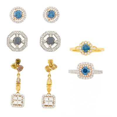 Lot 1153 - Two Two-Color Gold, Treated Diamond and Diamond Rings and Three Pairs of Earrings