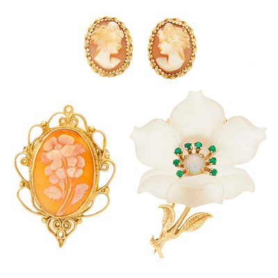 Lot 1198 - Pair of Gold and Cameo Earrings and Pendant-Brooch, Carved Frosted Rock Crystal, Opal and Simulated Emerald Flower Brooch