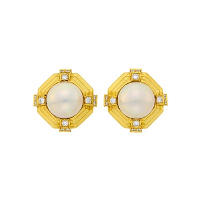 Lot 18 - Pair of Gold, Mabé Pearl and Diamond Earrings