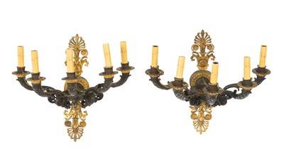 Lot 212 - Pair of Louis Phillipe Patinated and Gilt Bronze Five-light Wall Lights