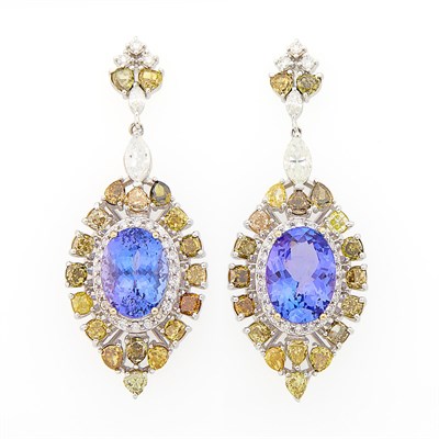 Lot 1142 - Pair of White Gold, Tanzanite, Colored Diamond and Diamond Pendant-Earrings