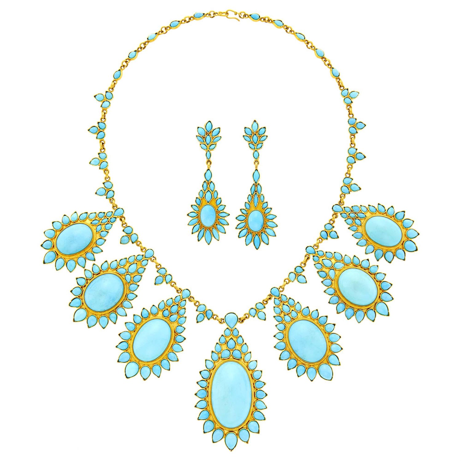 Lot 93 - Gold and Turquoise Necklace and Pair of Pendant-Earclips