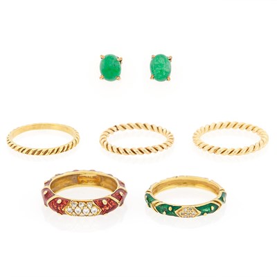 Lot 1058 - Three Gold Band Rings, Two Enamel Rings and Pair of Gilt-Metal and Cabochon Emerald Earrings