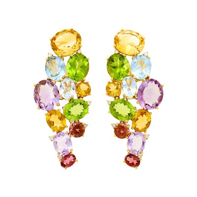 Lot 2 - Pair of Gold, Colored Stone and Diamond Cascade Cluster Earclips