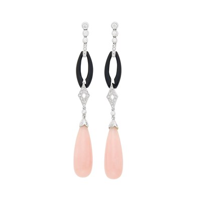 Lot 112 - Pair of White Gold, Pink Opal, Black Onyx and Diamond Pendant-Earrings