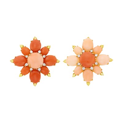 Lot 147 - Pair of Gold, Bicolor Coral, Yellow Sapphire and Diamond Flower Earclips