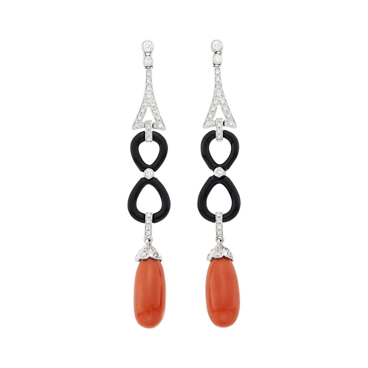 Lot 76 - Pair of White Gold, Coral, Black Onyx and Diamond Pendant-Earrings