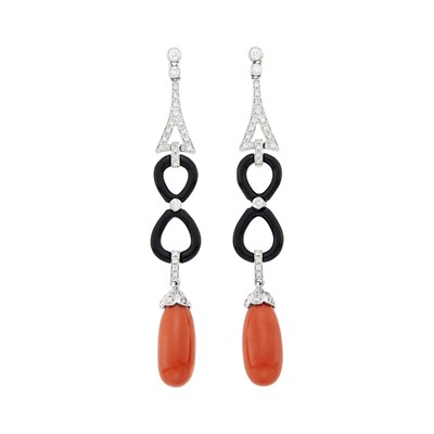 Lot 76 - Pair of White Gold, Coral, Black Onyx and Diamond Pendant-Earrings